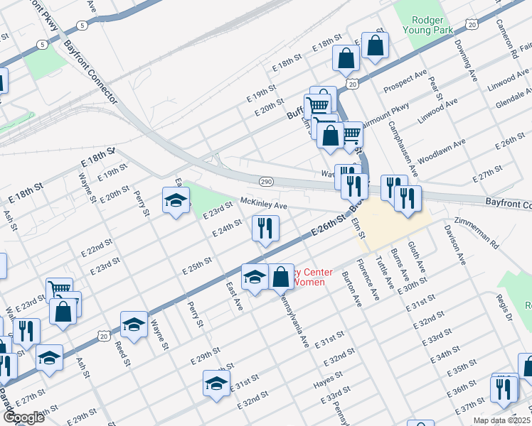 map of restaurants, bars, coffee shops, grocery stores, and more near 1131 East 24th Street in Erie