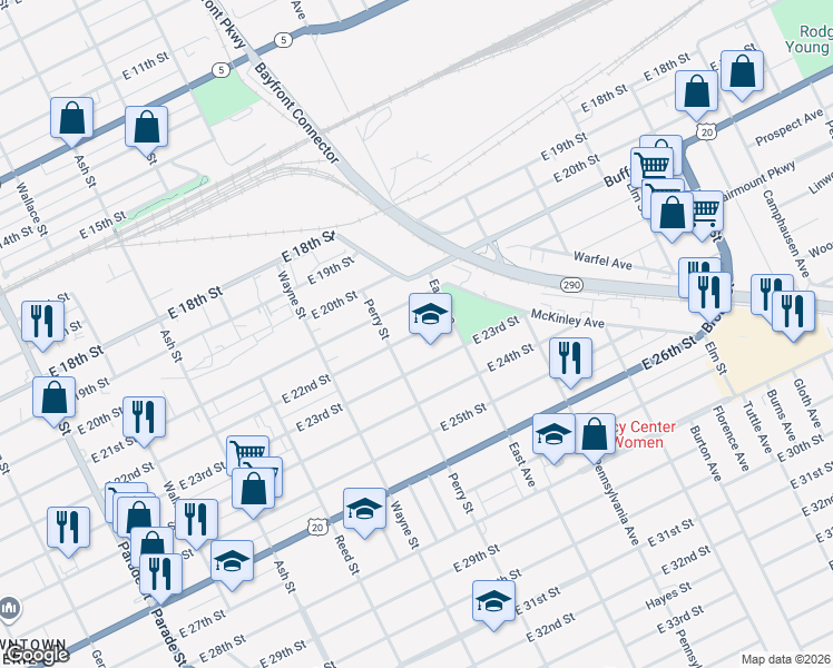 map of restaurants, bars, coffee shops, grocery stores, and more near 933 East 22nd Street in Erie