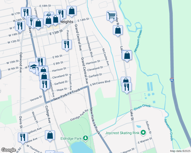 map of restaurants, bars, coffee shops, grocery stores, and more near 325 Garfield Street in Elmira Heights