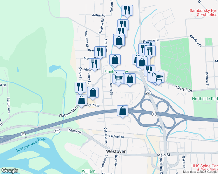 map of restaurants, bars, coffee shops, grocery stores, and more near 163 Marie St in Johnson City