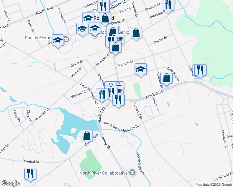 map of restaurants, bars, coffee shops, grocery stores, and more near 24 Union Street in Rockland