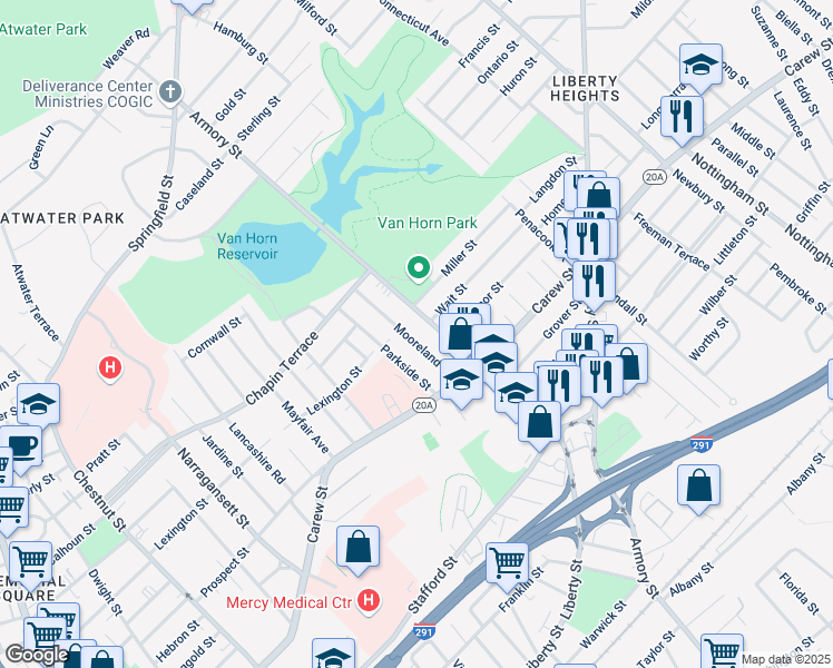 map of restaurants, bars, coffee shops, grocery stores, and more near 65 Mooreland Street in Springfield