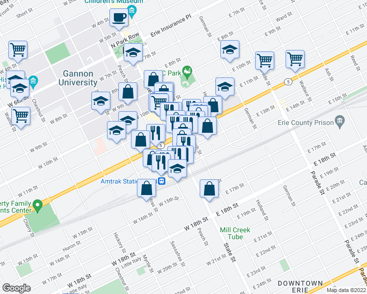 map of restaurants, bars, coffee shops, grocery stores, and more near 1225 State Street in Erie