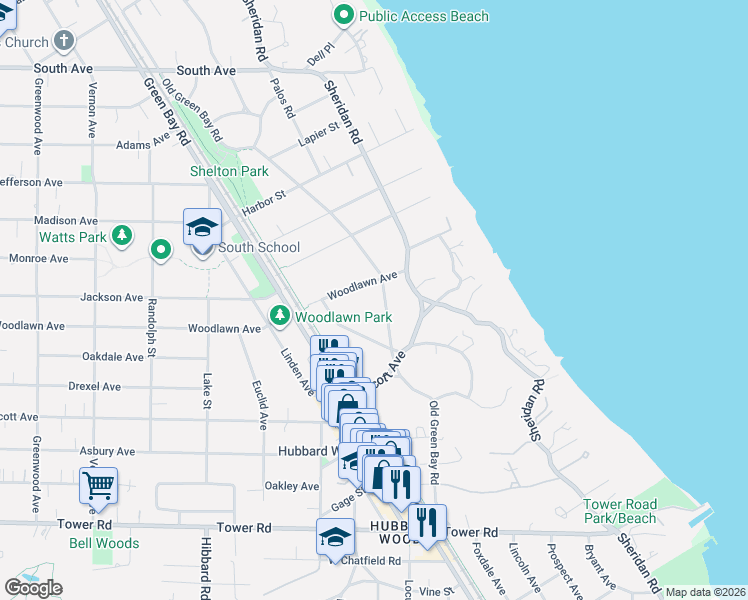 map of restaurants, bars, coffee shops, grocery stores, and more near 140 Old Green Bay Road in Winnetka