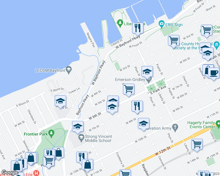 map of restaurants, bars, coffee shops, grocery stores, and more near 1049 West 4th Street in Erie