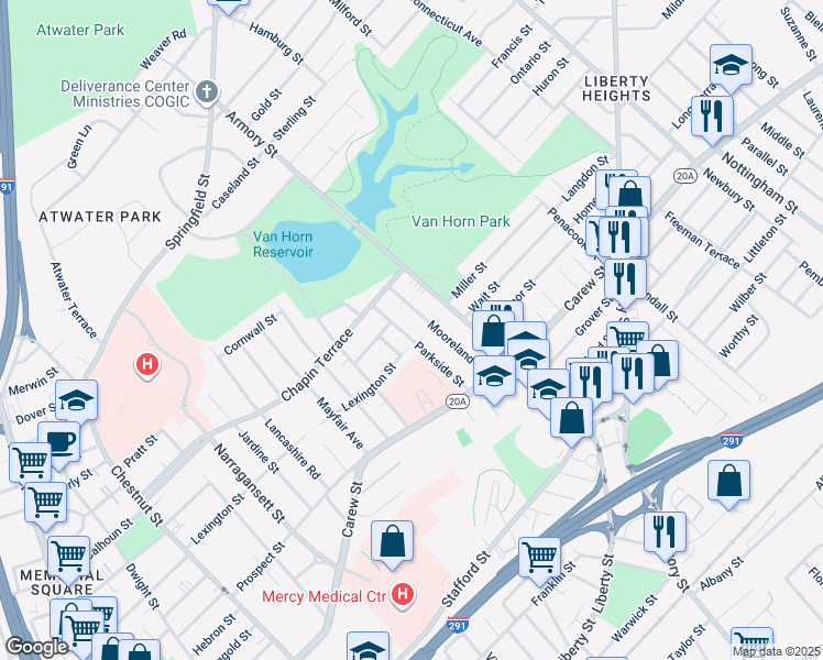 map of restaurants, bars, coffee shops, grocery stores, and more near 87-89 Parkside Street in Springfield