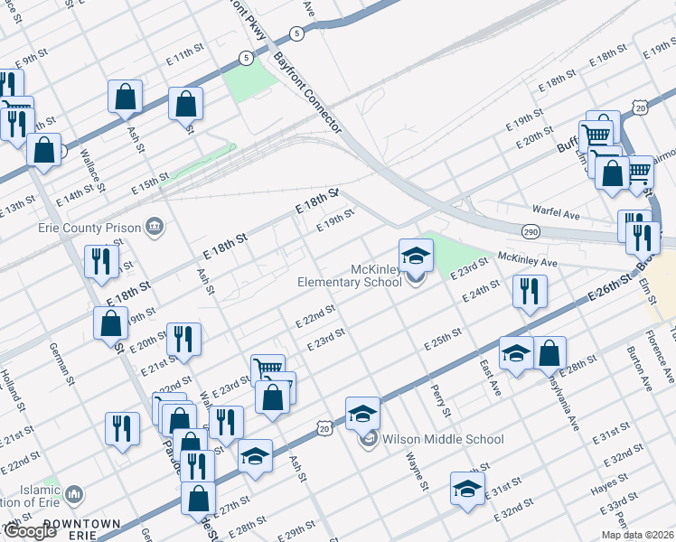 map of restaurants, bars, coffee shops, grocery stores, and more near 820 East 21st Street in Erie