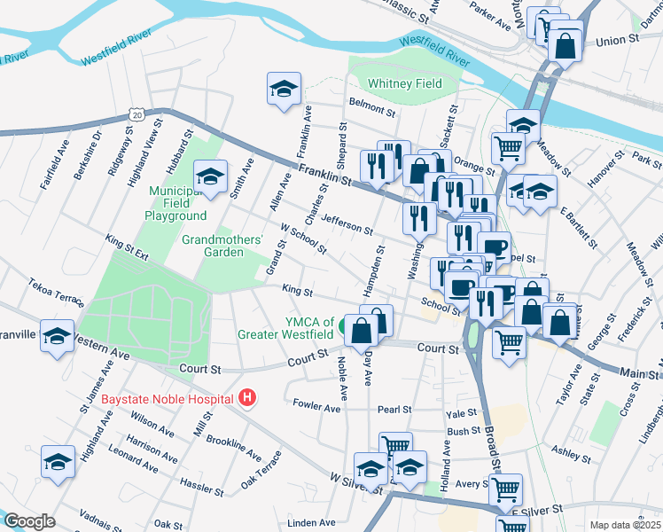 map of restaurants, bars, coffee shops, grocery stores, and more near 20 West School Street in Westfield