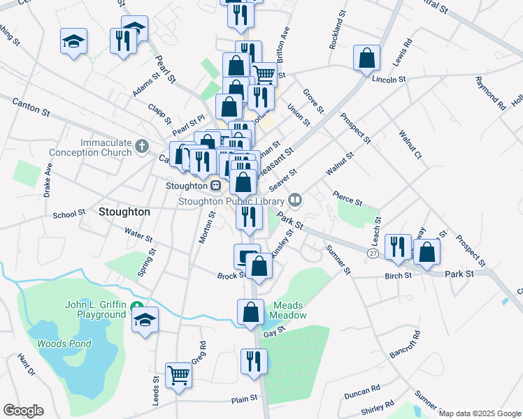 map of restaurants, bars, coffee shops, grocery stores, and more near 824 Washington Street in Stoughton