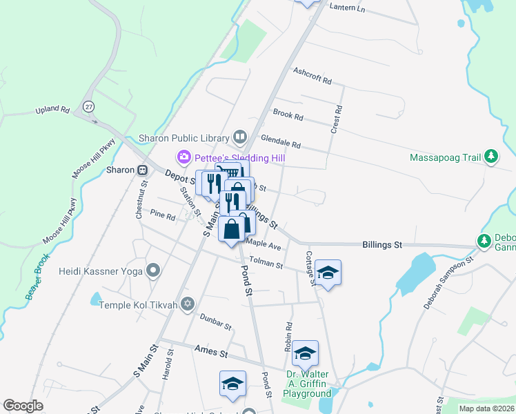 map of restaurants, bars, coffee shops, grocery stores, and more near 42 Billings Street in Sharon