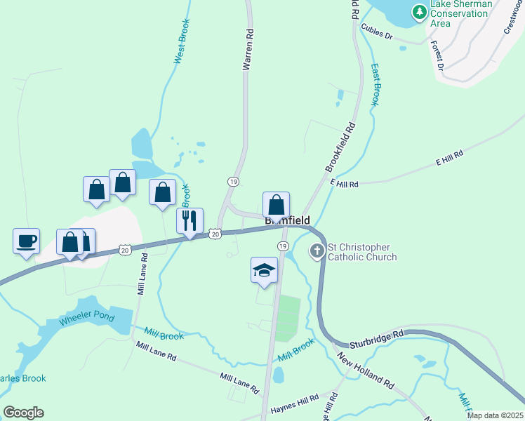 map of restaurants, bars, coffee shops, grocery stores, and more near 16 North Main Street in Brimfield
