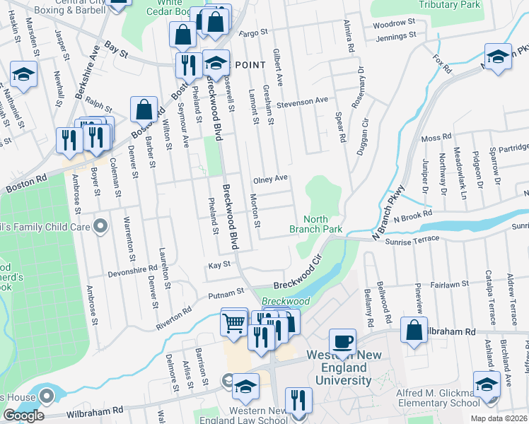 map of restaurants, bars, coffee shops, grocery stores, and more near 289 Morton Street in Springfield