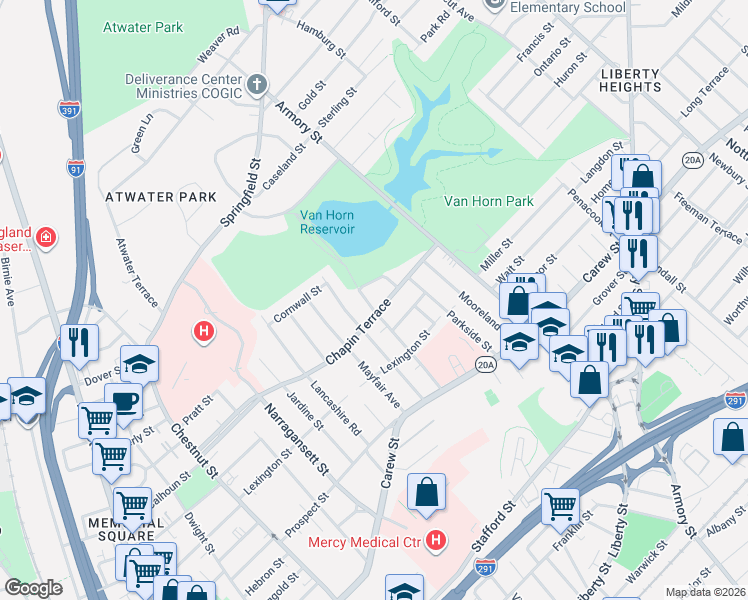map of restaurants, bars, coffee shops, grocery stores, and more near 127 Melha Avenue in Springfield
