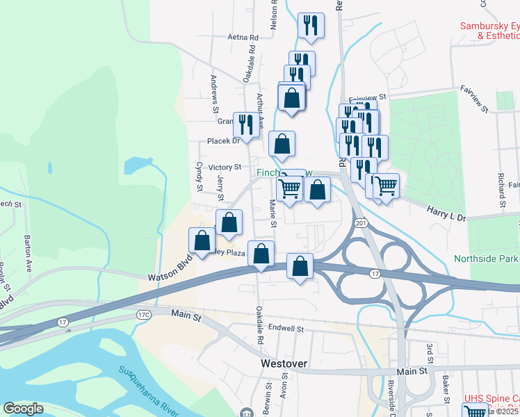 map of restaurants, bars, coffee shops, grocery stores, and more near 163 Marie St in Johnson City
