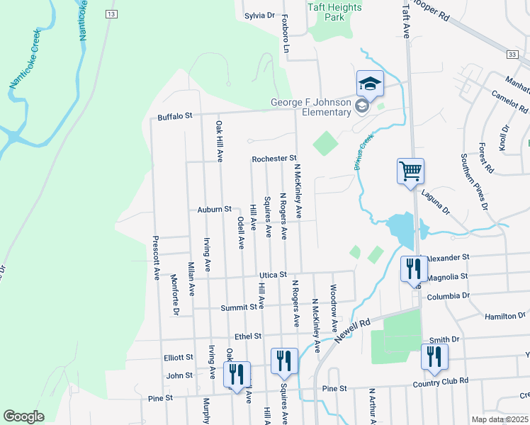 map of restaurants, bars, coffee shops, grocery stores, and more near 907 Squires Avenue in Endicott