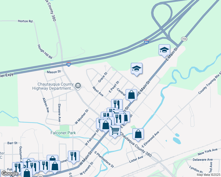 map of restaurants, bars, coffee shops, grocery stores, and more near 115 East Pearl Street in Falconer