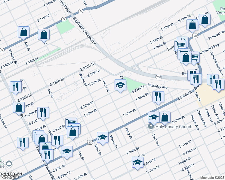 map of restaurants, bars, coffee shops, grocery stores, and more near 938 East 22nd Street in Erie