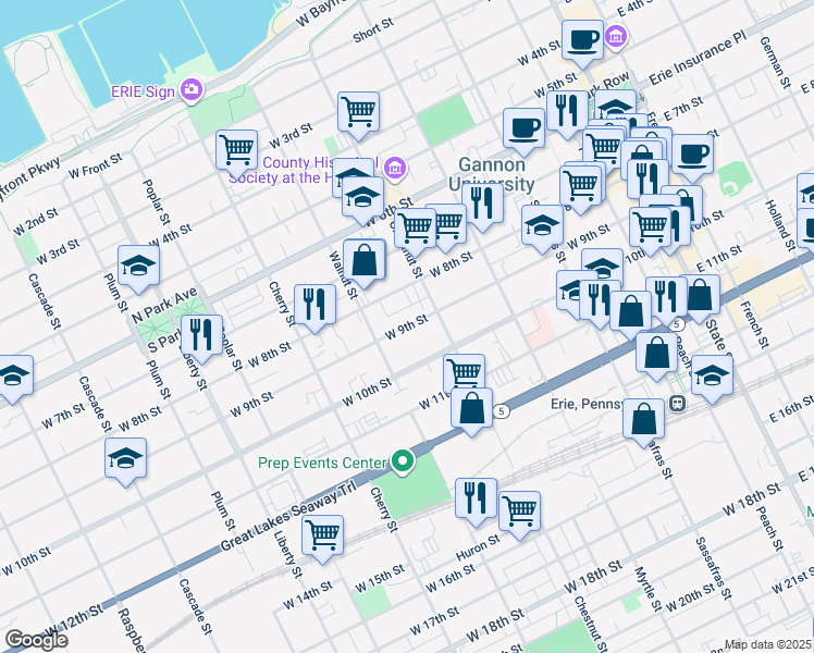 map of restaurants, bars, coffee shops, grocery stores, and more near 417 West 9th Street in Erie