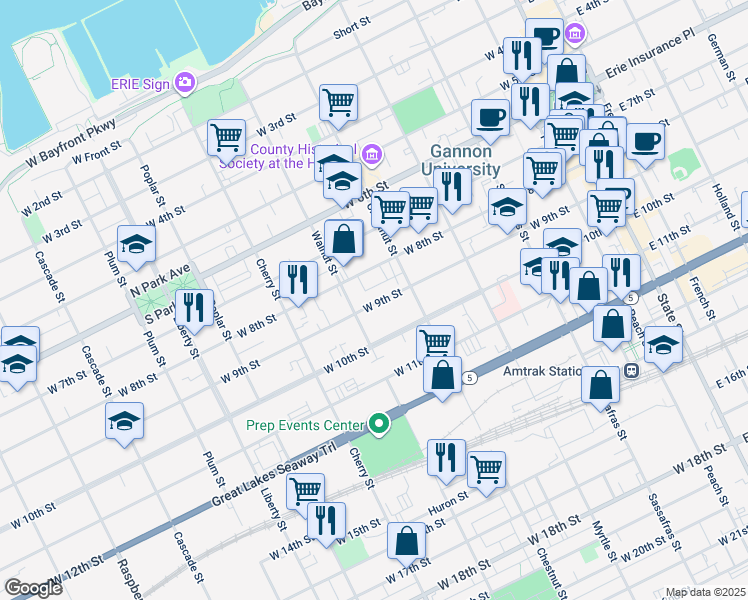 map of restaurants, bars, coffee shops, grocery stores, and more near 454 West 9th Street in Erie