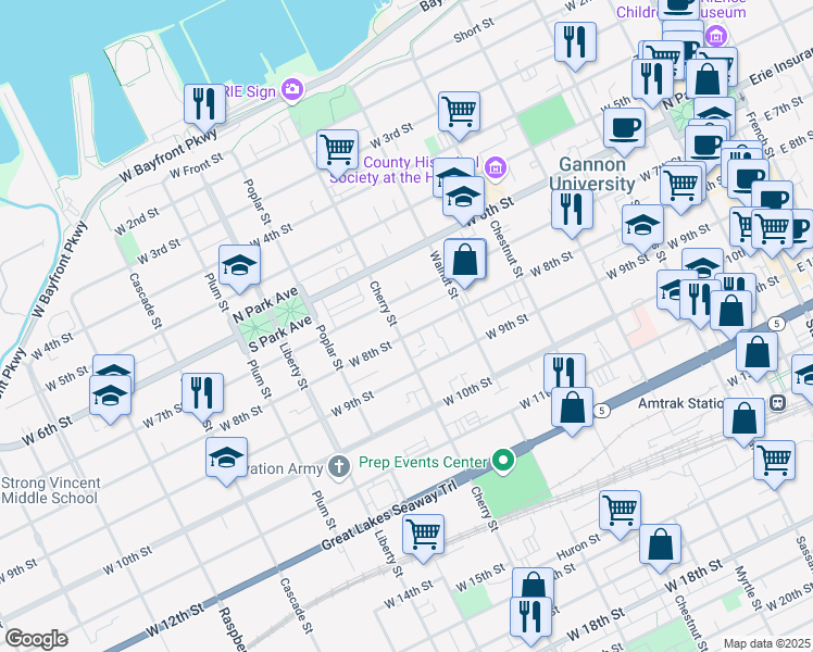 map of restaurants, bars, coffee shops, grocery stores, and more near 556 West 8th Street in Erie