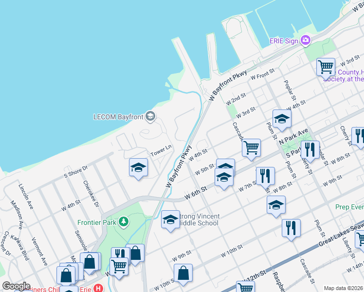 map of restaurants, bars, coffee shops, grocery stores, and more near 280 Niagara Point Drive in Erie