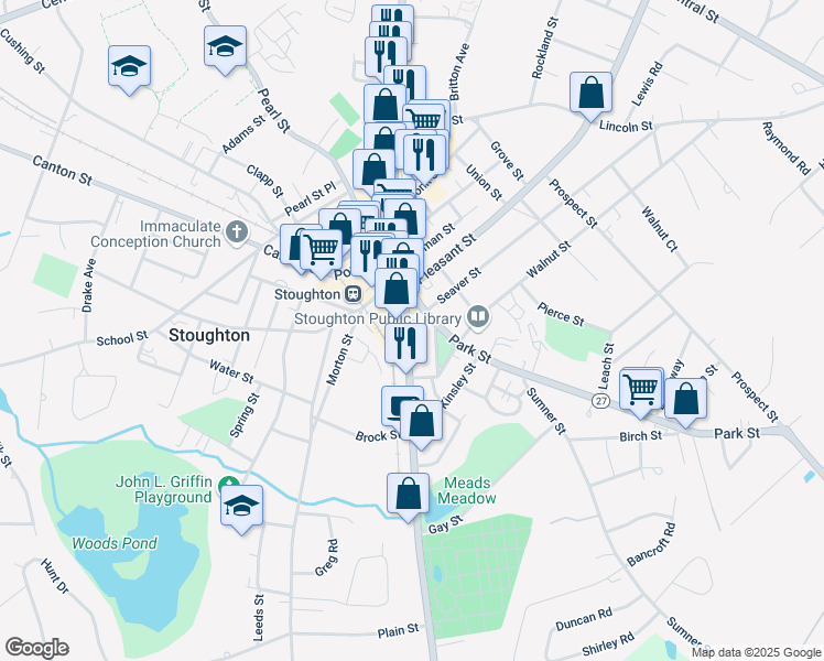 map of restaurants, bars, coffee shops, grocery stores, and more near 824 Washington Street in Stoughton