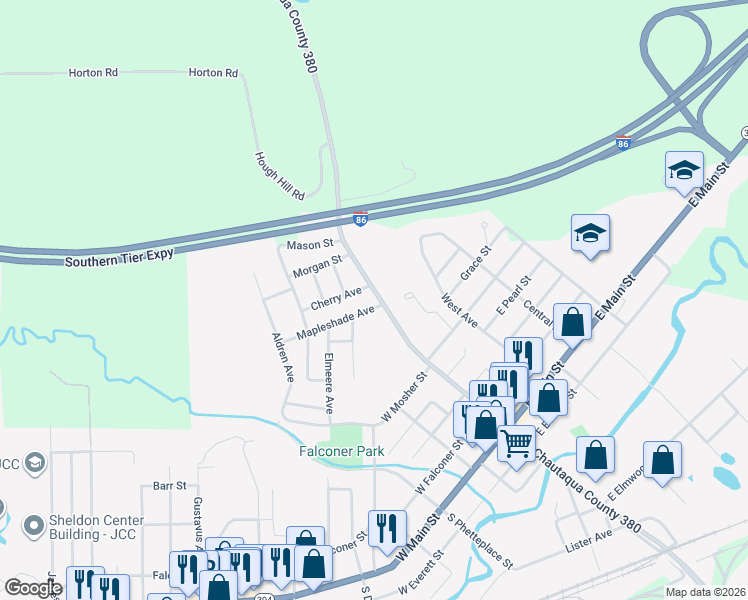 map of restaurants, bars, coffee shops, grocery stores, and more near 26 Cherry Avenue in Falconer