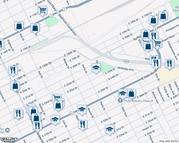 map of restaurants, bars, coffee shops, grocery stores, and more near 938 East 22nd Street in Erie
