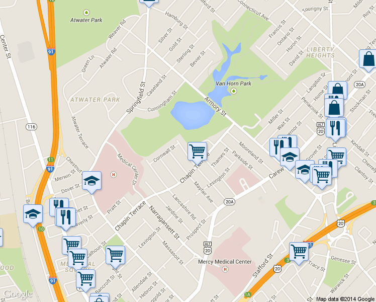 map of restaurants, bars, coffee shops, grocery stores, and more near 147 Knollwood Street in Springfield