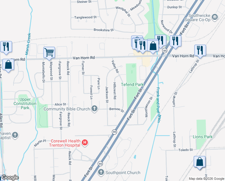 map of restaurants, bars, coffee shops, grocery stores, and more near 4844 Hillcrest Road in Trenton