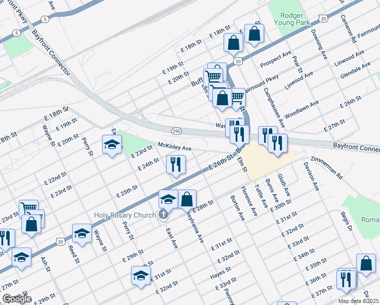 map of restaurants, bars, coffee shops, grocery stores, and more near 2415 Brandes Street in Erie