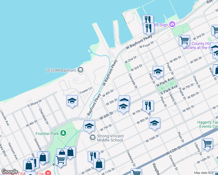 map of restaurants, bars, coffee shops, grocery stores, and more near 312 Raspberry Street in Erie