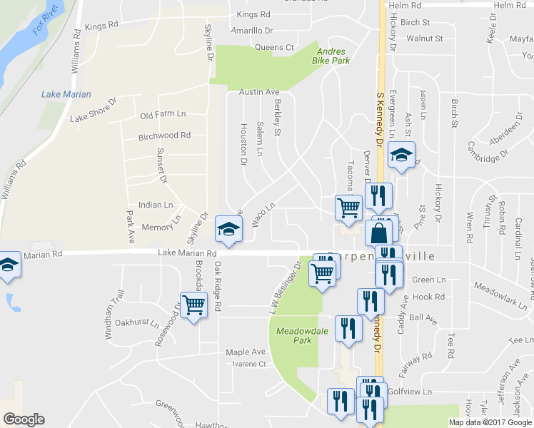 map of restaurants, bars, coffee shops, grocery stores, and more near 235 Butte Ln in Carpentersville