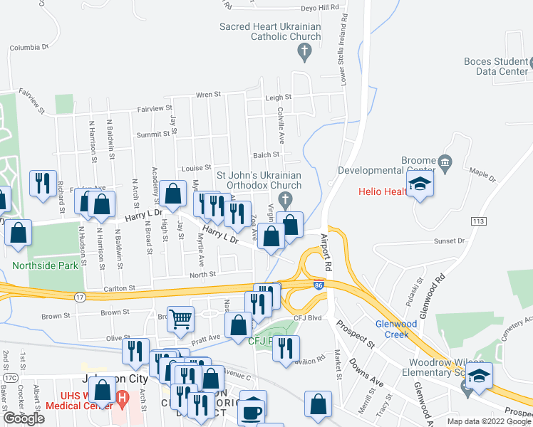 map of restaurants, bars, coffee shops, grocery stores, and more near 57 Virginia Ave in Johnson City