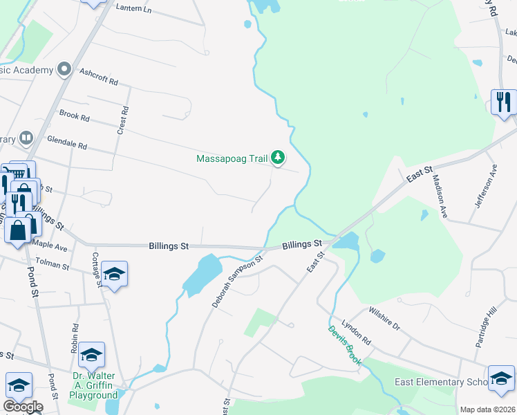 map of restaurants, bars, coffee shops, grocery stores, and more near 5 Robs Lane in Sharon