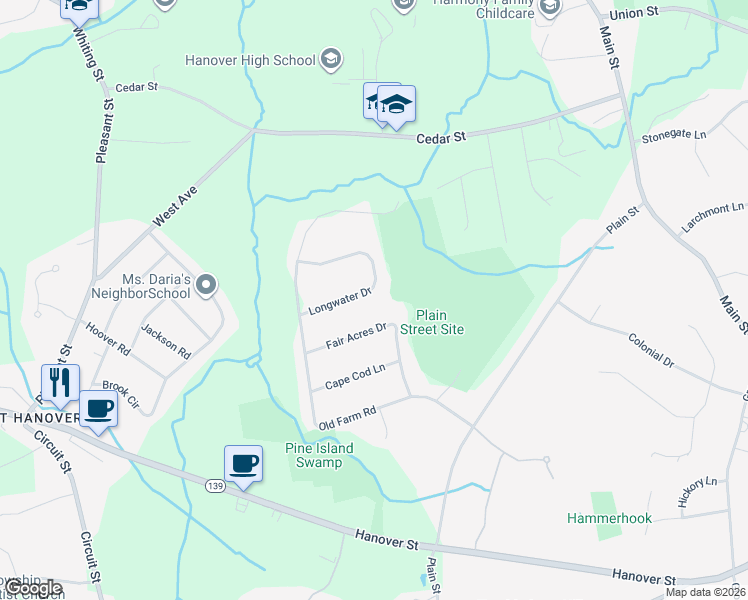 map of restaurants, bars, coffee shops, grocery stores, and more near 104 Longwater Drive in Hanover