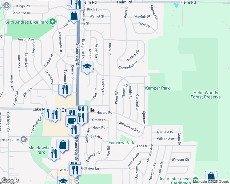 map of restaurants, bars, coffee shops, grocery stores, and more near 54 Wren Road in Carpentersville