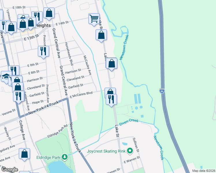 map of restaurants, bars, coffee shops, grocery stores, and more near 428-432 East McCanns Boulevard in Elmira