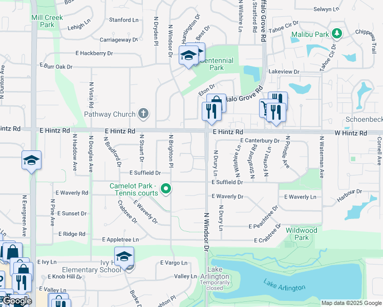 map of restaurants, bars, coffee shops, grocery stores, and more near 2626 North Windsor Drive in Arlington Heights