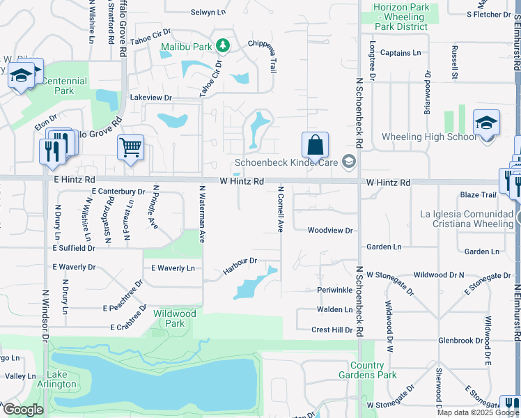 map of restaurants, bars, coffee shops, grocery stores, and more near 2438 Cornell Court in Arlington Heights