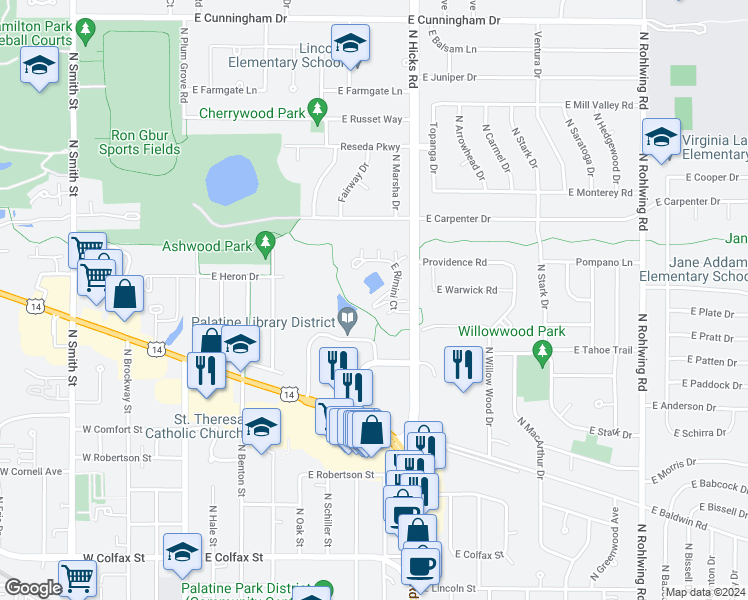 map of restaurants, bars, coffee shops, grocery stores, and more near 365 East Rimini Court in Palatine