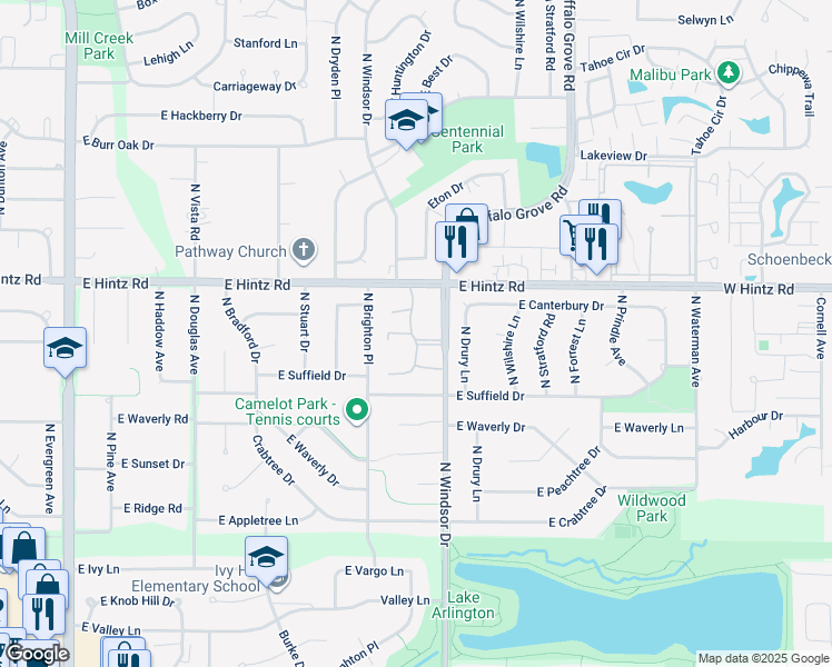map of restaurants, bars, coffee shops, grocery stores, and more near 1205 East Hintz Road in Arlington Heights
