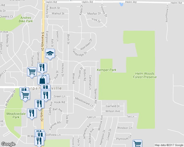map of restaurants, bars, coffee shops, grocery stores, and more near 35 Cardinal Lane in Carpentersville
