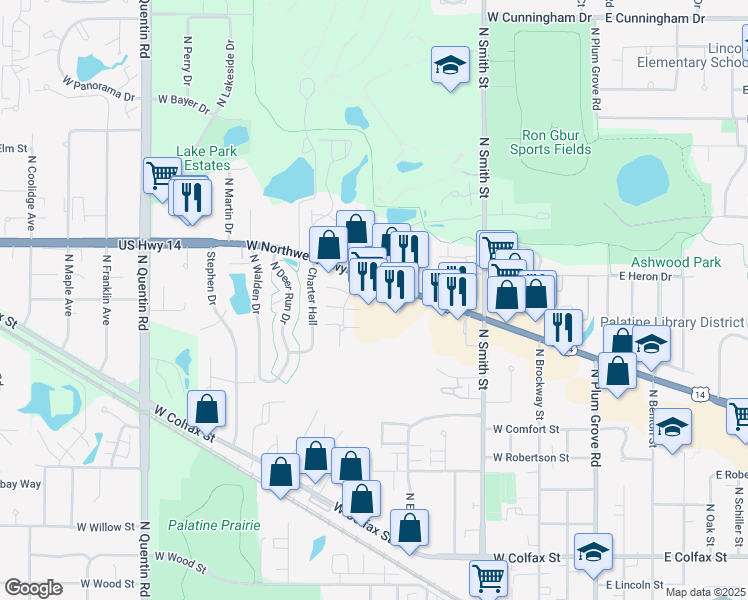 map of restaurants, bars, coffee shops, grocery stores, and more near 377 U.S. 14 in Palatine