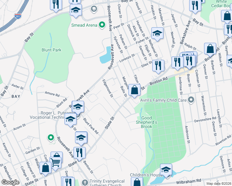 map of restaurants, bars, coffee shops, grocery stores, and more near 26 Eldert Street in Springfield
