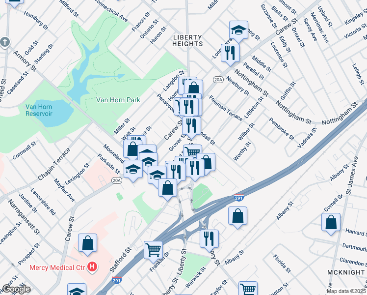 map of restaurants, bars, coffee shops, grocery stores, and more near 90 Cleveland Street in Springfield