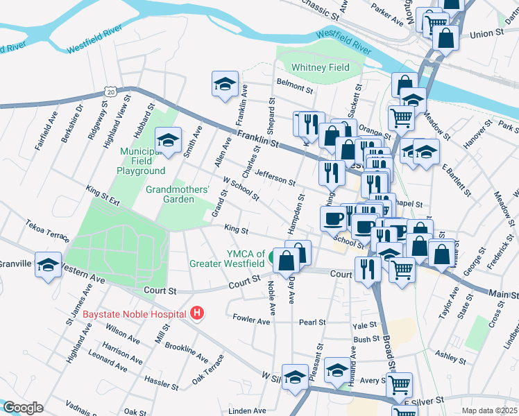 map of restaurants, bars, coffee shops, grocery stores, and more near 20 West School Street in Westfield