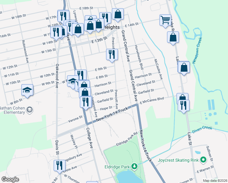 map of restaurants, bars, coffee shops, grocery stores, and more near 127 Prescott Avenue in Elmira