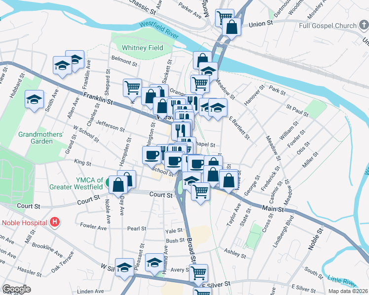 map of restaurants, bars, coffee shops, grocery stores, and more near 116 Elm Street in Westfield