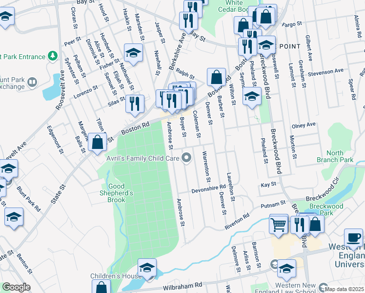 map of restaurants, bars, coffee shops, grocery stores, and more near 14 Embury Street in Springfield